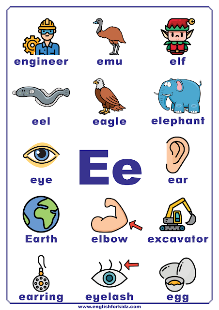 Printable alphabet poster - letter E with pictures - classroom wall decoration