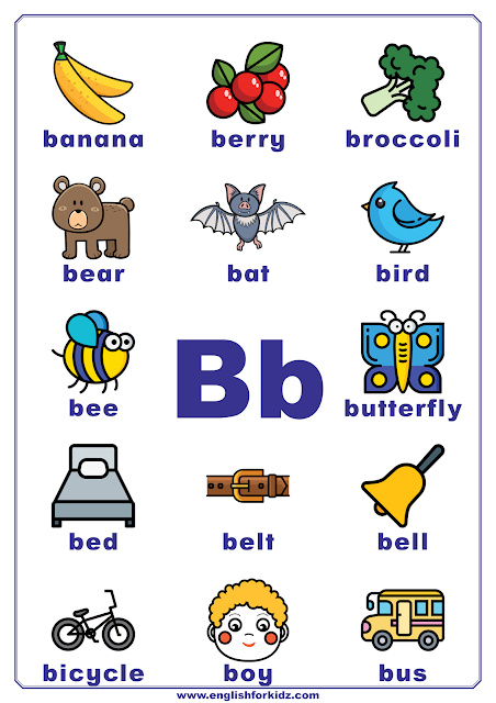 Printable alphabet poster - letter B with pictures - classroom wall decoration