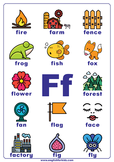Printable alphabet poster - letter F with pictures