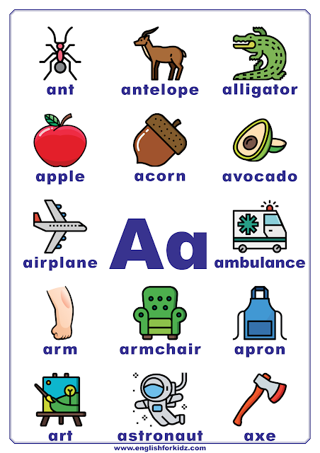 Printable alphabet poster - letter A with pictures - classroom wall decoration